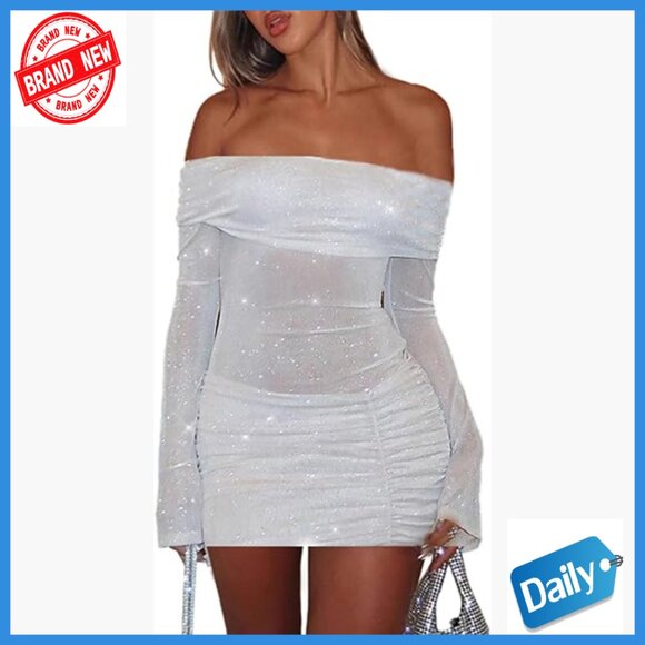 Mesh Sheer Bodycon Mini Dress Off Shoulder Long Sleeve Ruched Sparkly Club